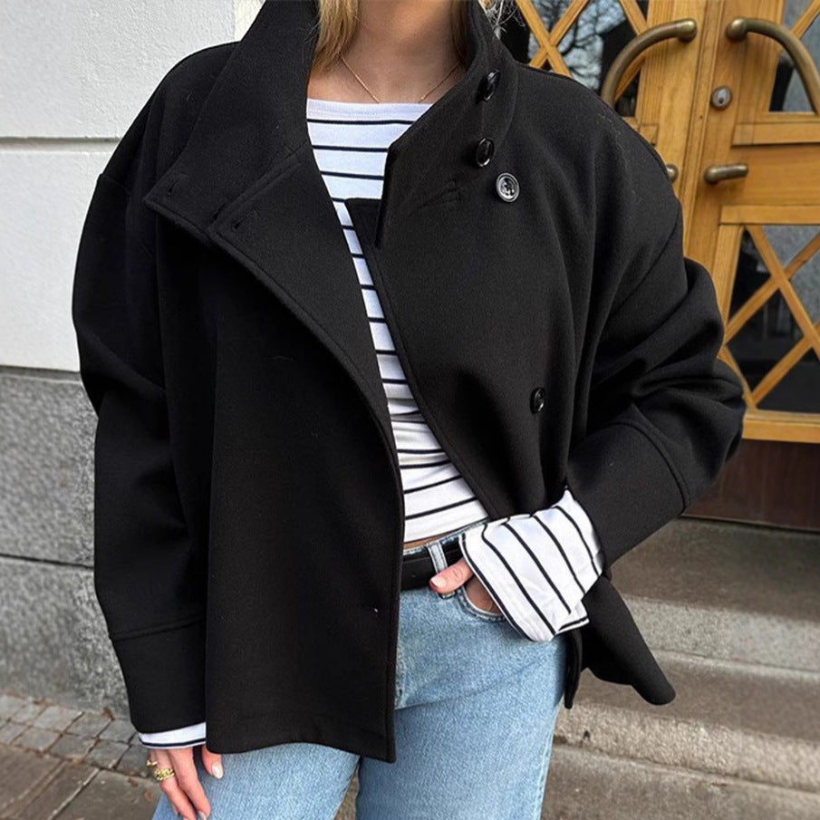 Damen Oversized Jacke Hochschließend Knopfdetails Schwarz Eveloria - Eveloria