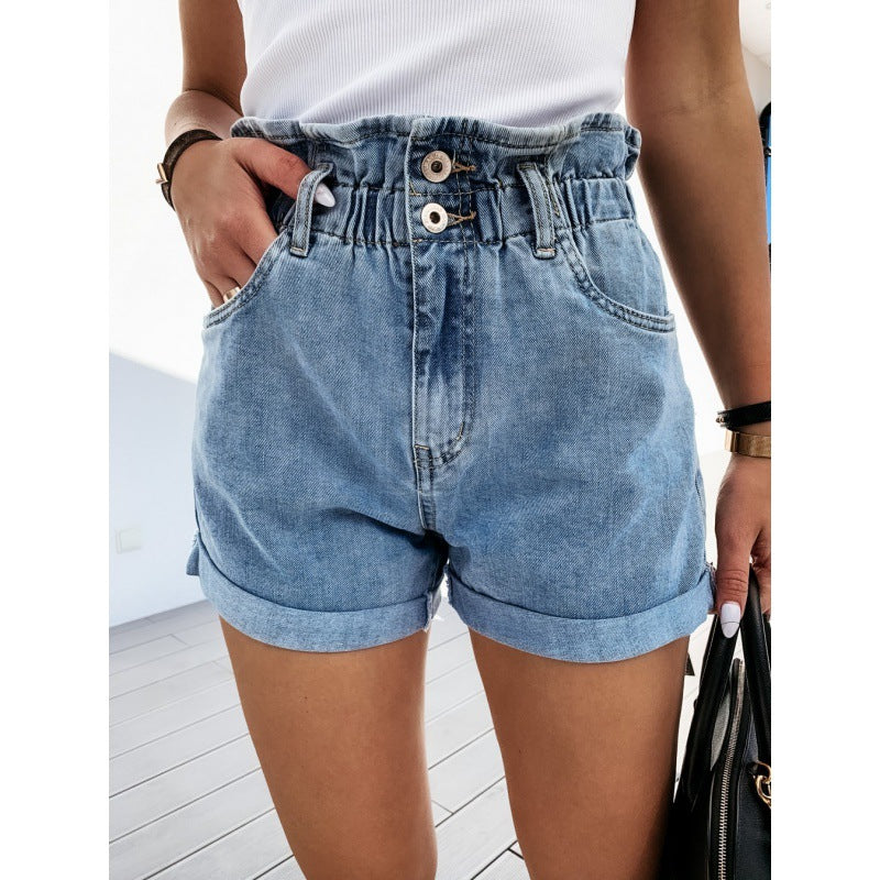Damen Hochgeschlossene Jeansshorts Elastisch Eveloria