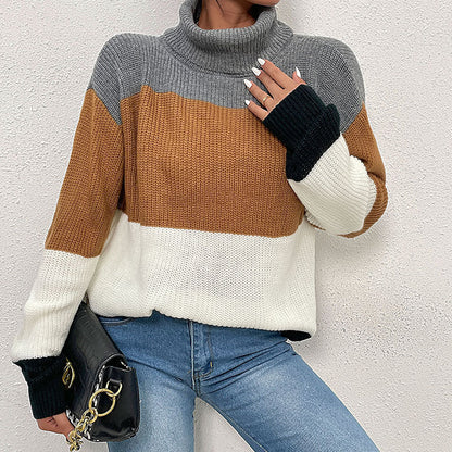 Damen Strickpullover Hochkragen Farbblockdesign Eveloria - Eveloria