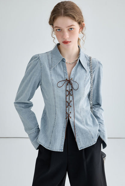 Damen Jeansbluse Geschnürtes Dekolleté Puffärmel Blau
