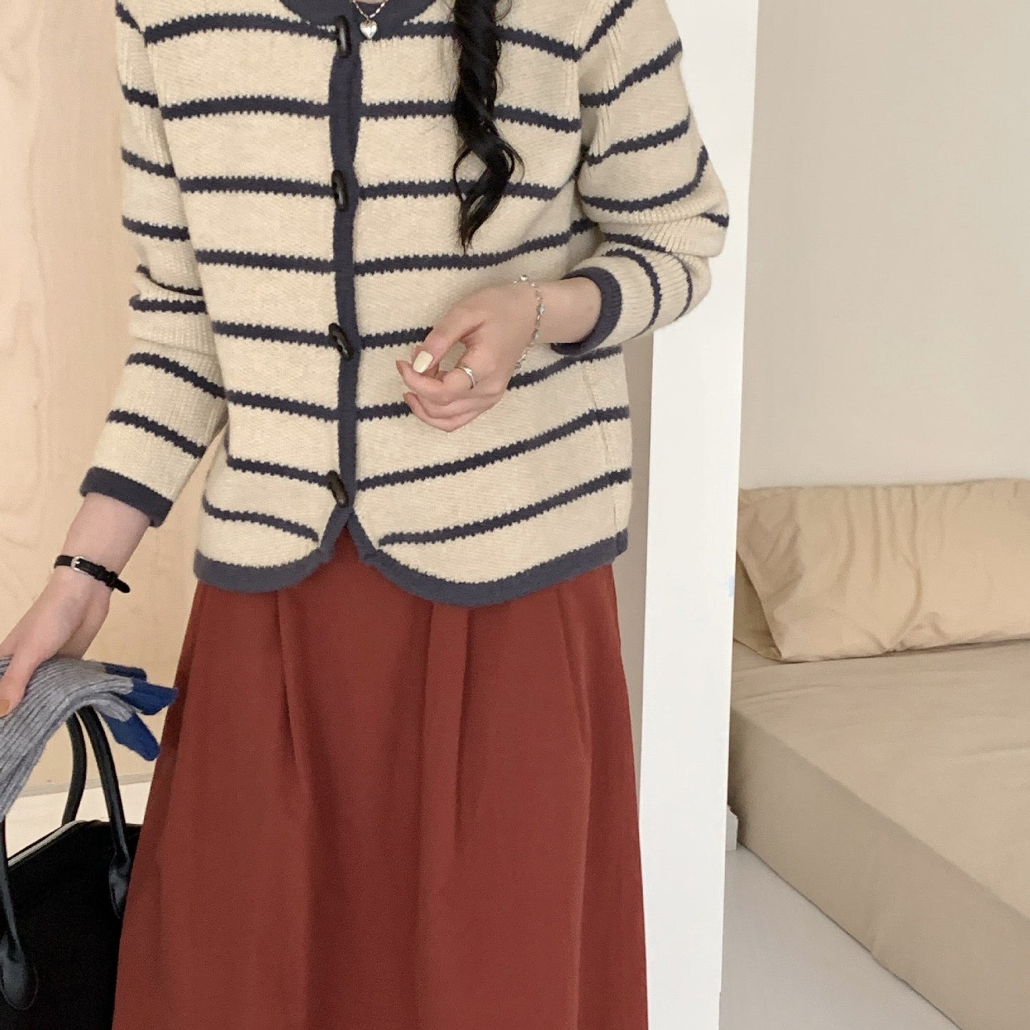 Damen Strickjacke Maritimes Streifenmuster Große Knöpfe Eveloria