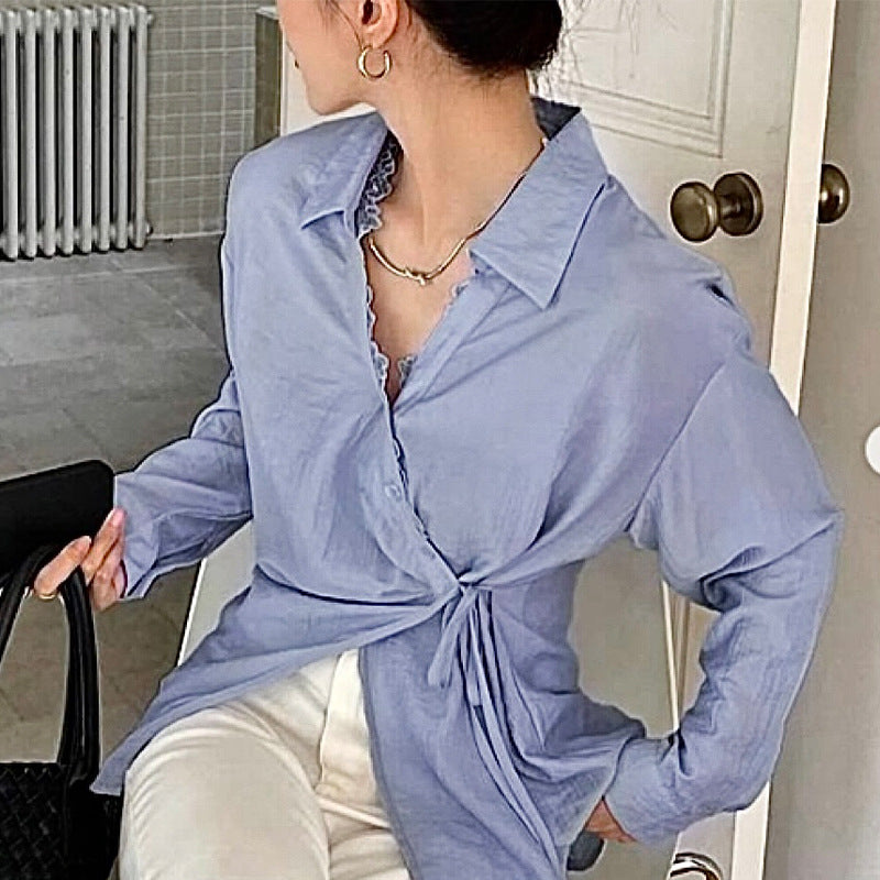 Damen Bluse mit Knoten-Detail und Rüschensaum Eveloria