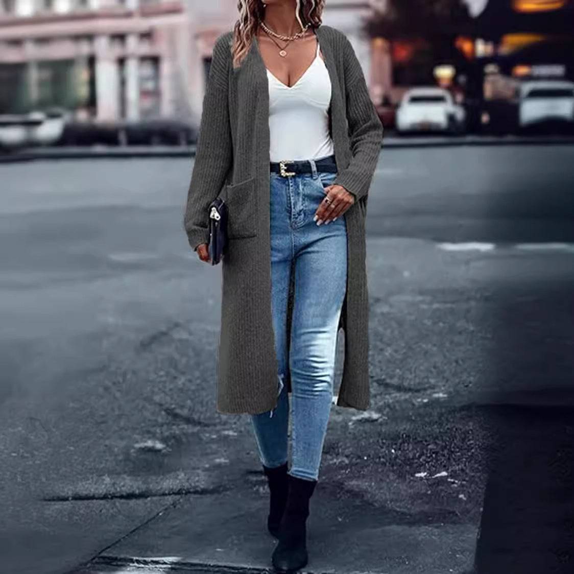 Damen Grobstrick-Cardigan Offene Taschen Lässiger Schnitt Beige