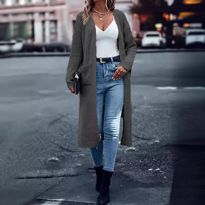 Damen Grobstrick-Cardigan Offene Taschen Lässiger Schnitt Beige