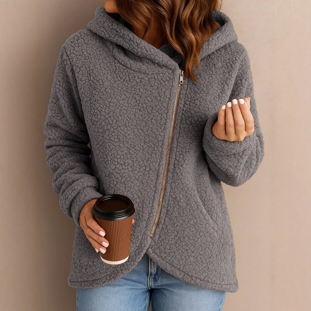 Damen Fleecejacke Asymmetrischer Reißverschluss Kapuze