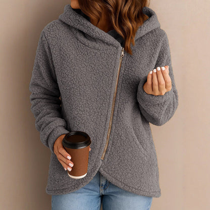 Damen Fleecejacke Asymmetrischer Reißverschluss Kapuze