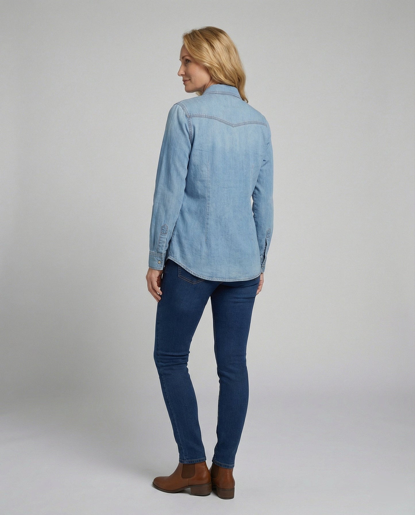 Damen Denim Bluse Dekorative Brusttaschen Blau