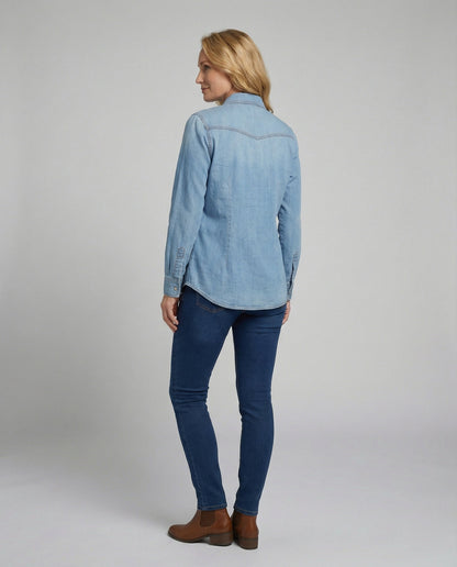 Damen Denim Bluse Dekorative Brusttaschen Blau