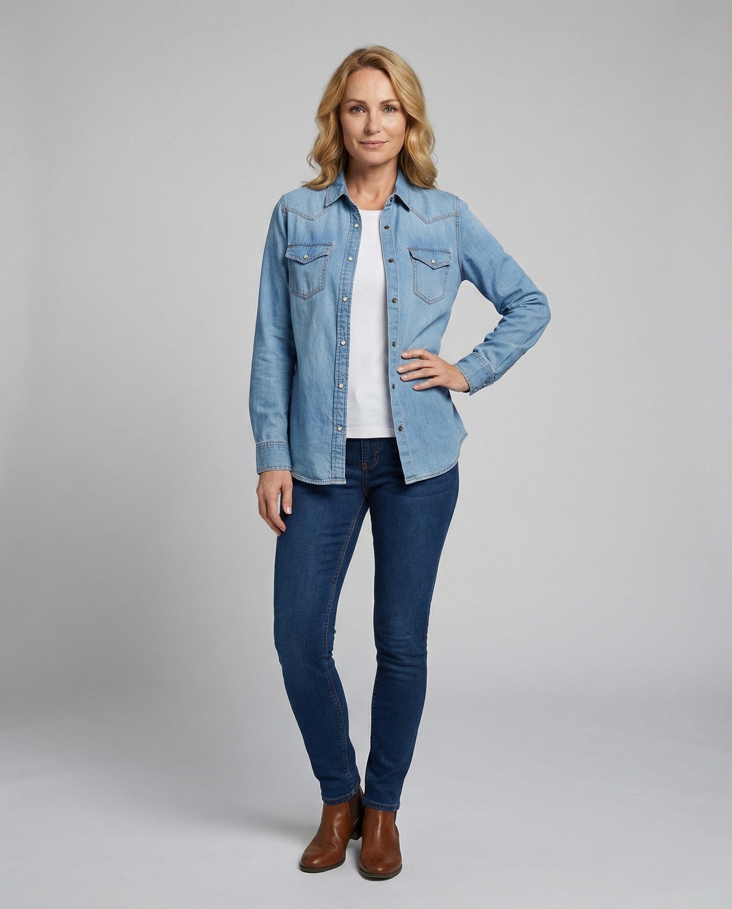 Damen Denim Bluse Dekorative Brusttaschen Blau