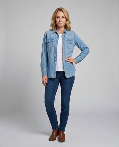 Damen Denim Bluse Dekorative Brusttaschen Blau