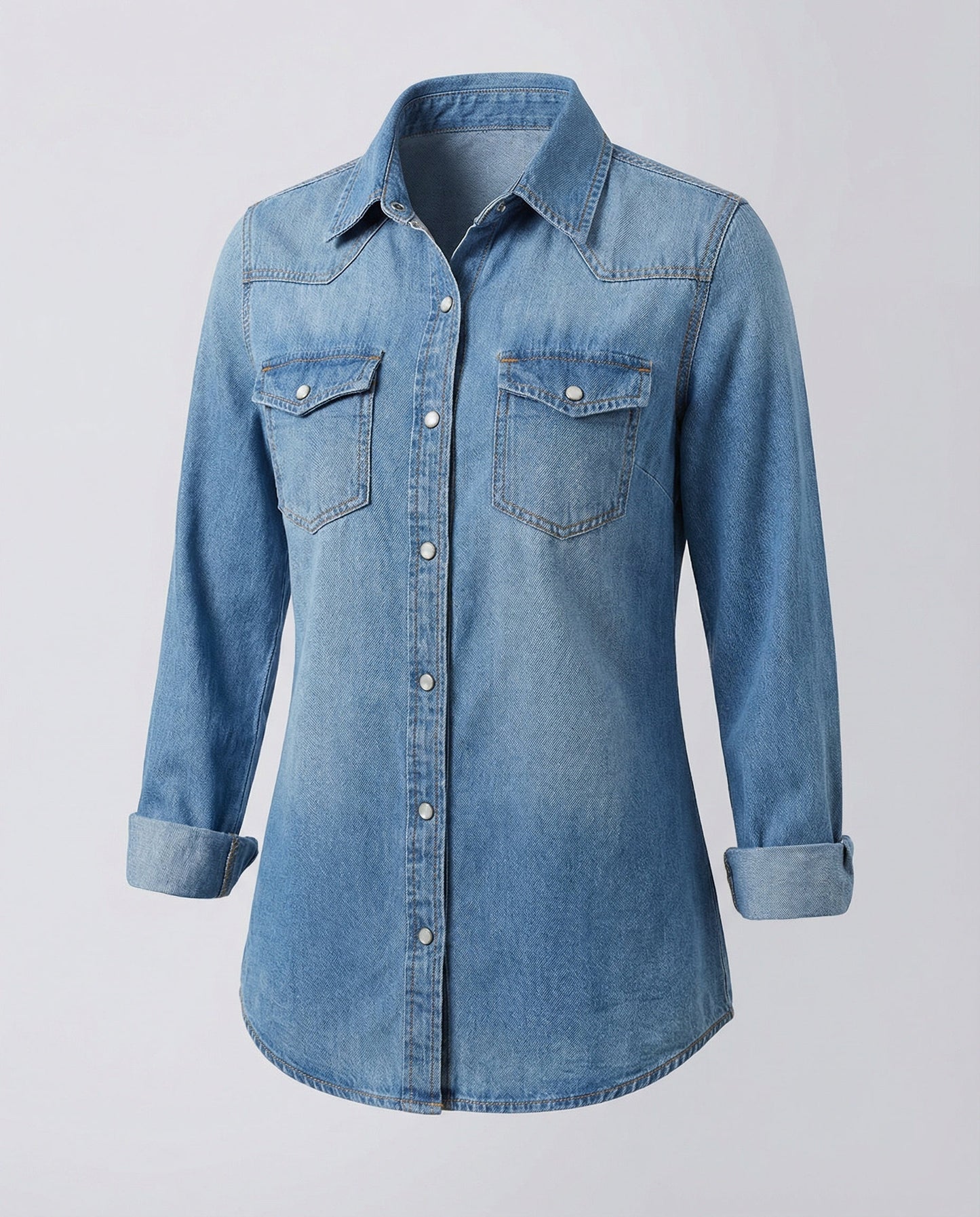 Damen Denim Bluse Dekorative Brusttaschen Blau