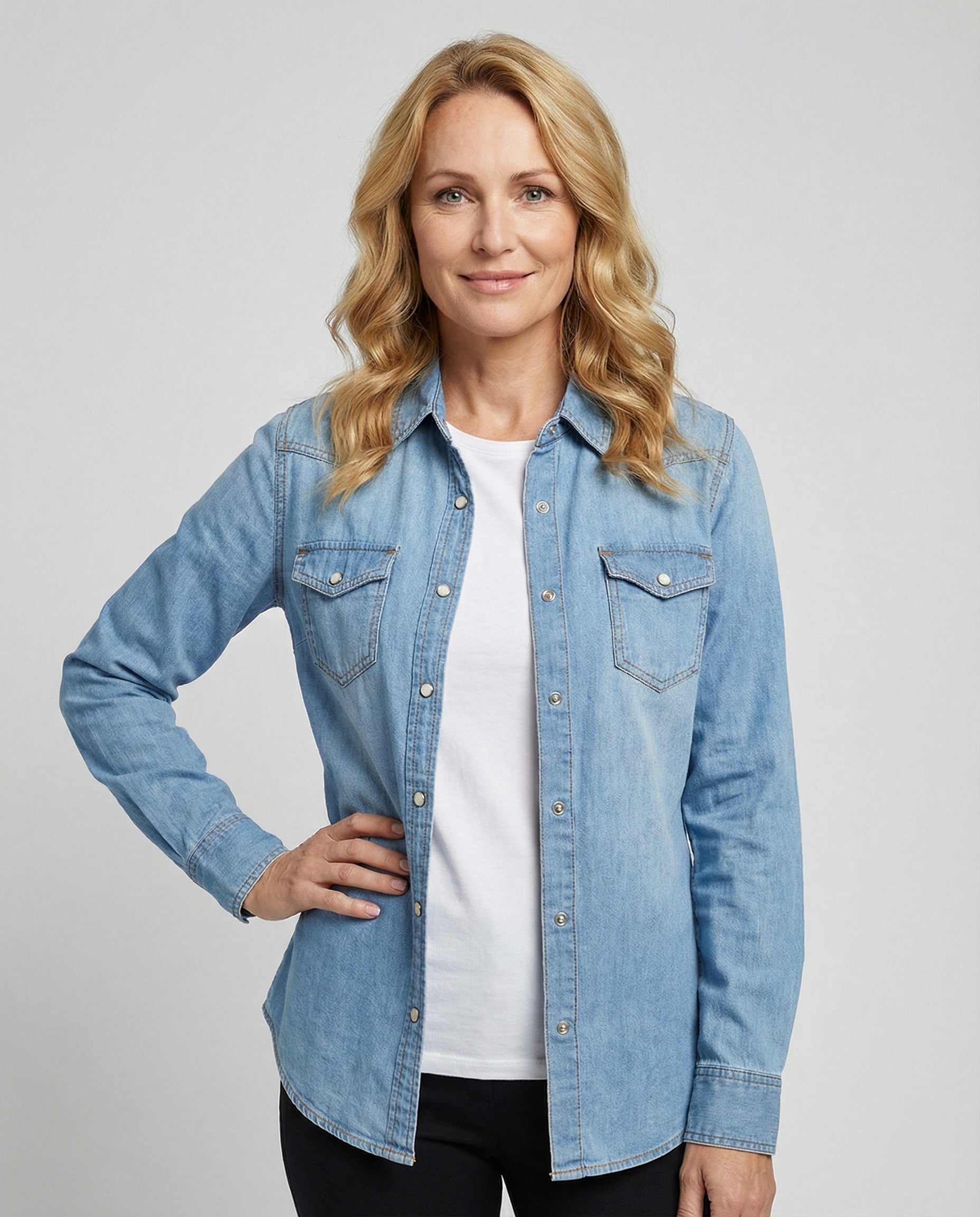 Damen Denim Bluse Dekorative Brusttaschen Blau - Eveloria