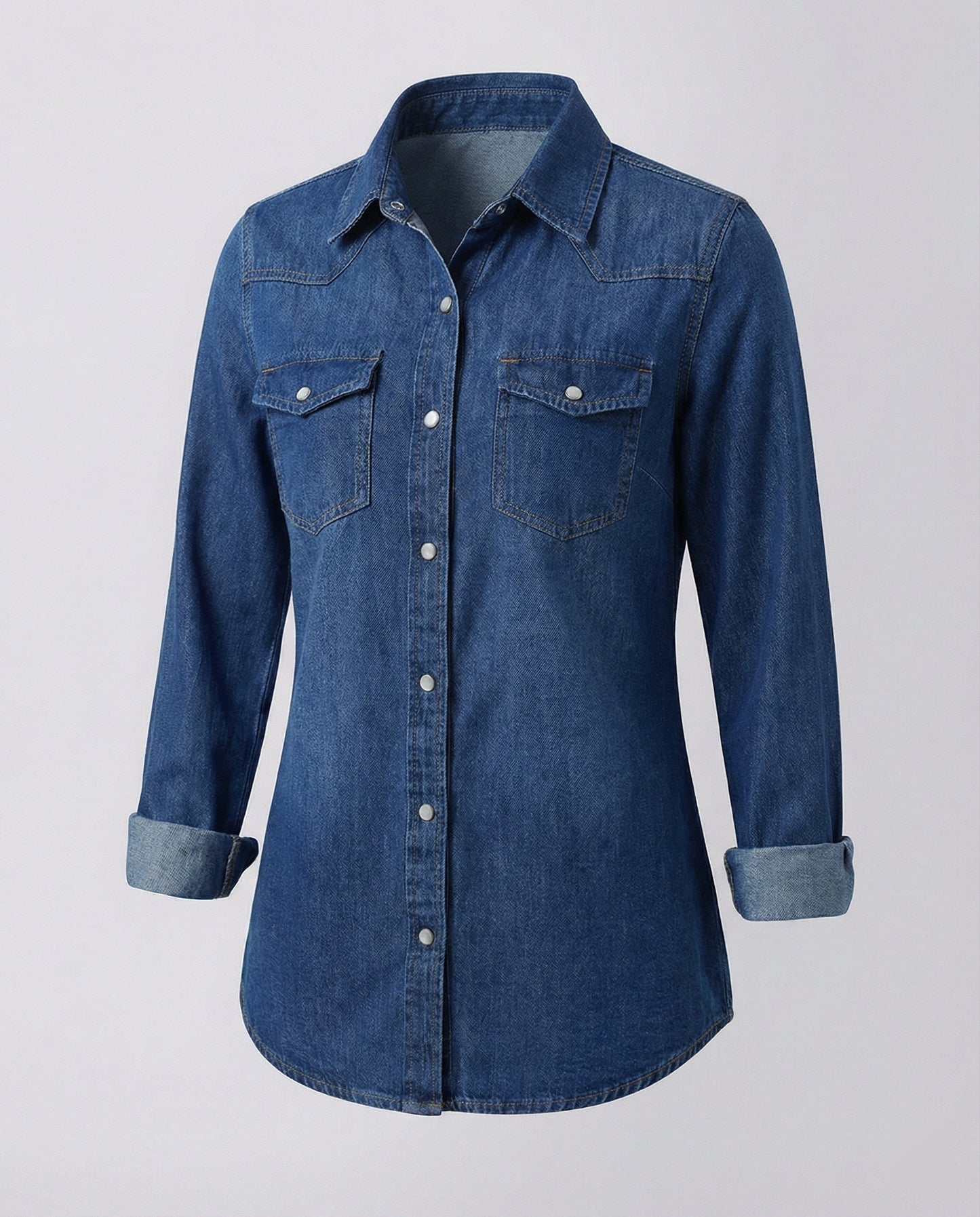 Damen Denim Bluse Dekorative Brusttaschen Blau
