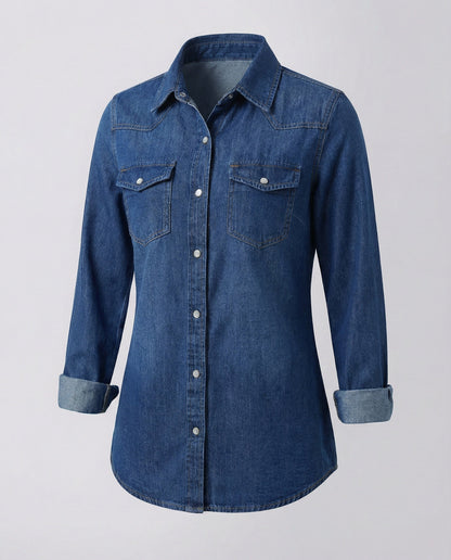 Damen Denim Bluse Dekorative Brusttaschen Blau