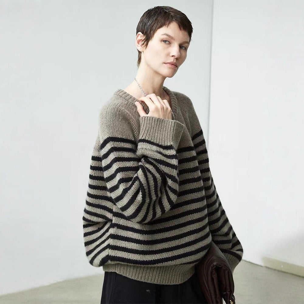Damen Pullover V-Ausschnitt Streifenmeliert Grau