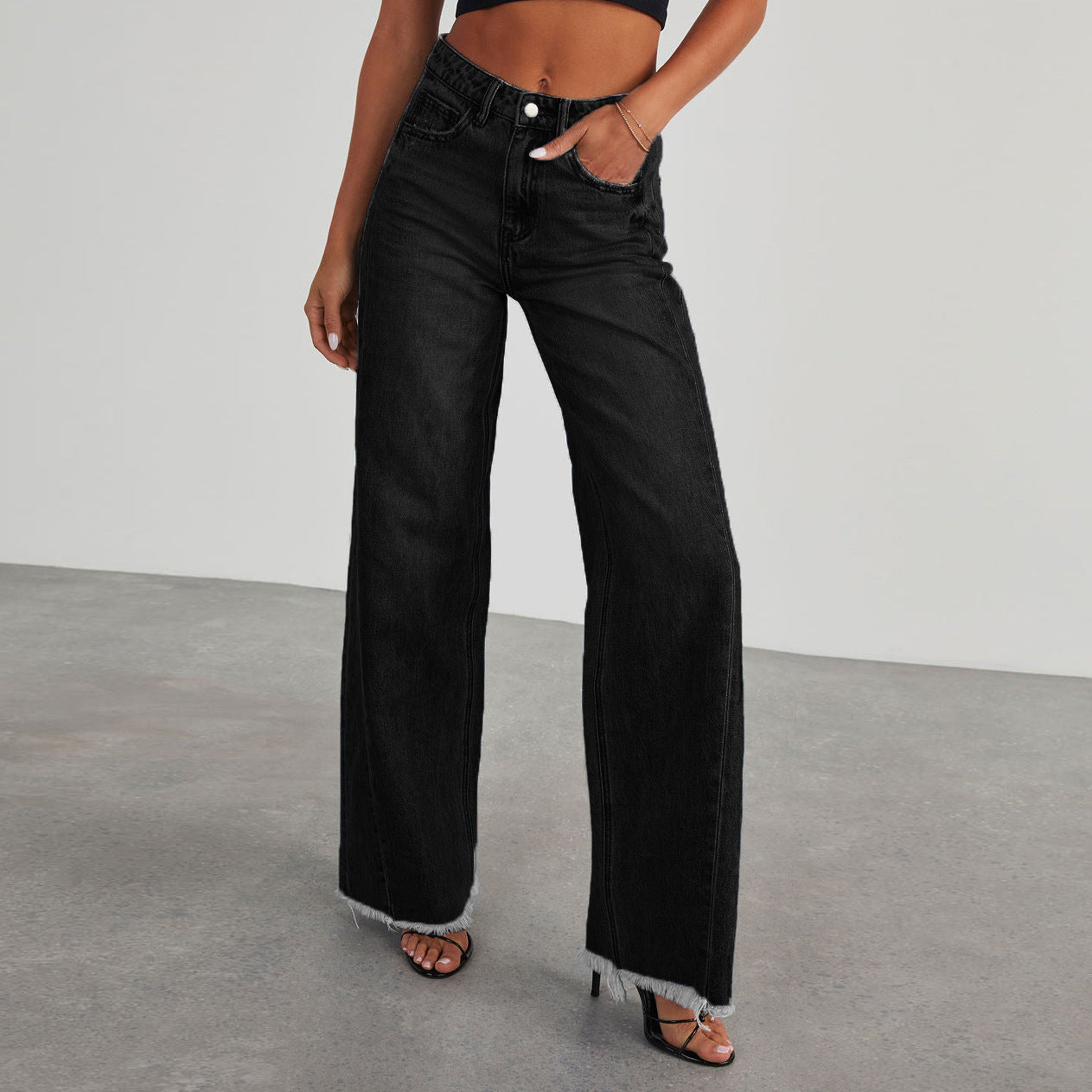 Damen Weite Denim-Jeans Franser Saum Blau