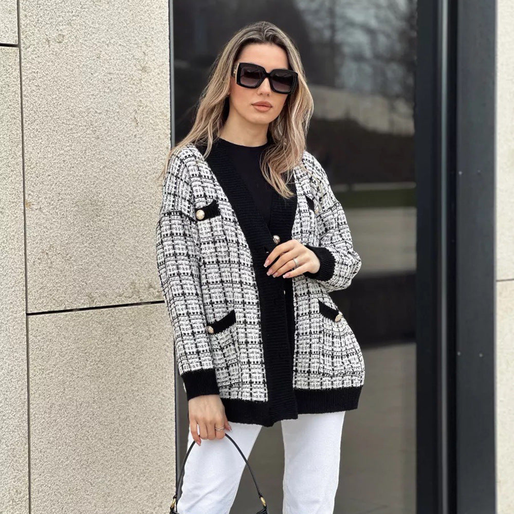 Damen Strickjacke Karomuster Mit Taschen
