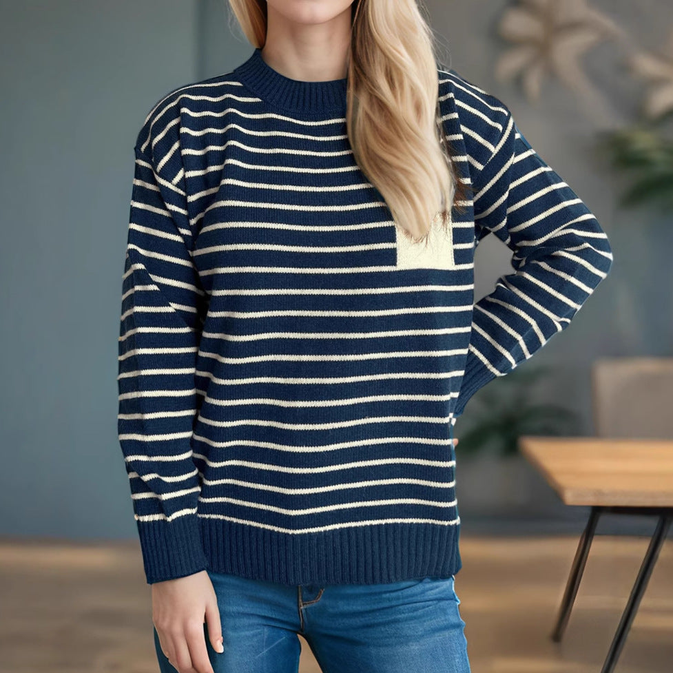 Damen Pullover Gestreift Lässig Breite Ärmel Grau Eveloria - Eveloria