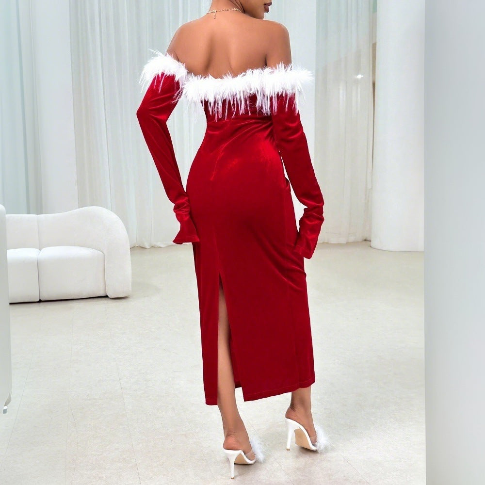 Damen Langarm Midi-Kleid mit U-Boot-Ausschnitt und Rüschen