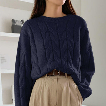 Damen Grobstrickpullover Zopfmuster Weitschnitt
