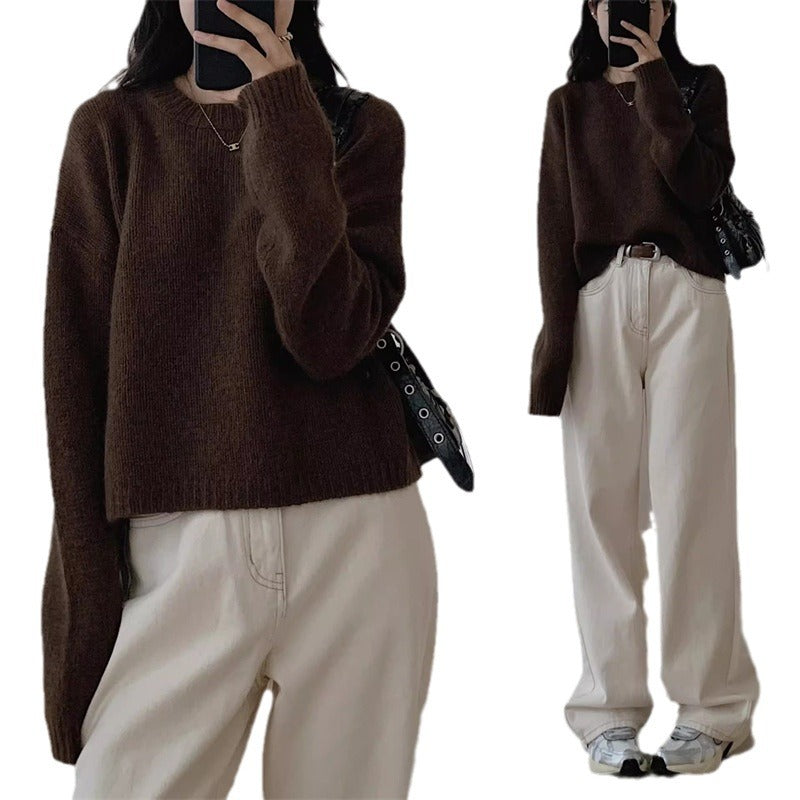 Damen Strickpullover Weit Kuschelig Beige