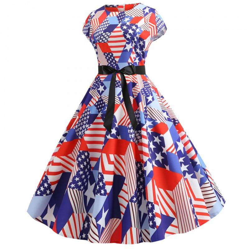Damen Midikleid Flaggenmuster Elegantes Taillenkleid Bunt