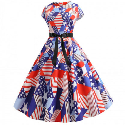 Damen Midikleid Flaggenmuster Elegantes Taillenkleid Bunt