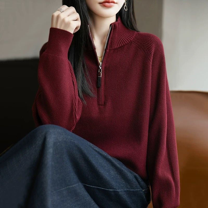 Damen Pullover Hochkragen Reißverschluss Eveloria