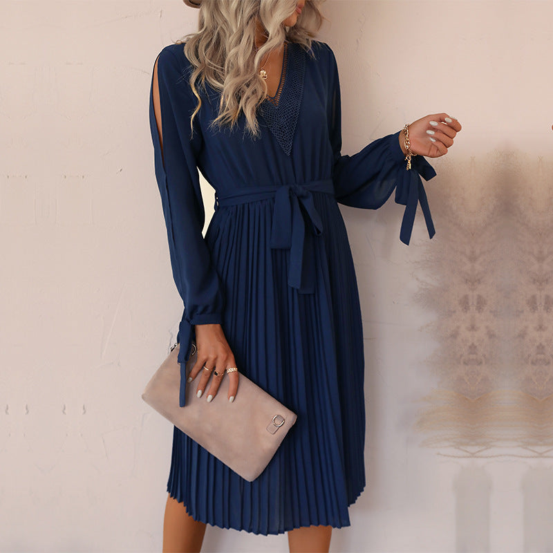 Damen Wickelkleid Midi Elegant Rüschen Taillenknoten Eveloria