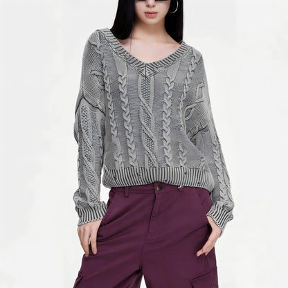 Damen Grobstrickpullover V-Ausschnitt Zopfmuster Eveloria - Eveloria