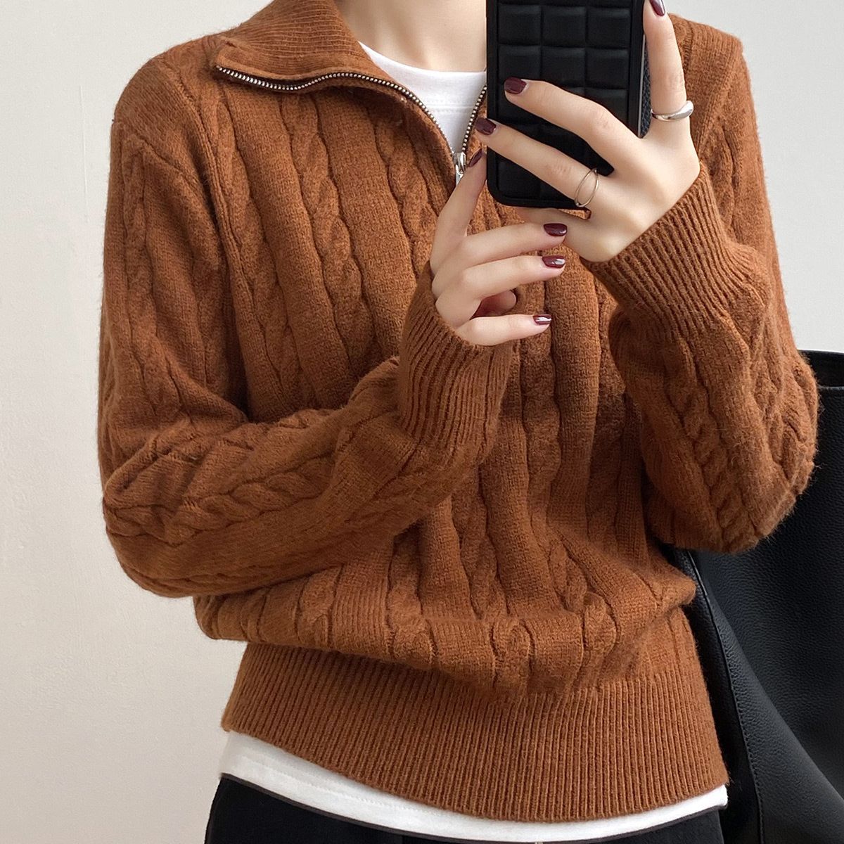 Damen Grobstrickpullover Hochkragen Zopfmuster
