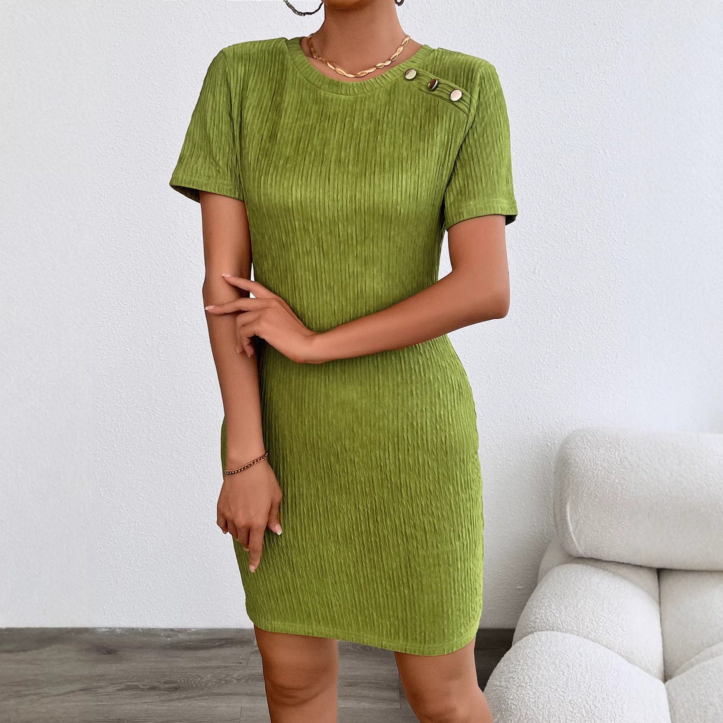 Damen Kleid Kurzarm Strukturiert Dekorative Knöpfe Eveloria