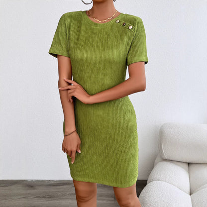 Damen Kleid Kurzarm Strukturiert Dekorative Knöpfe Eveloria