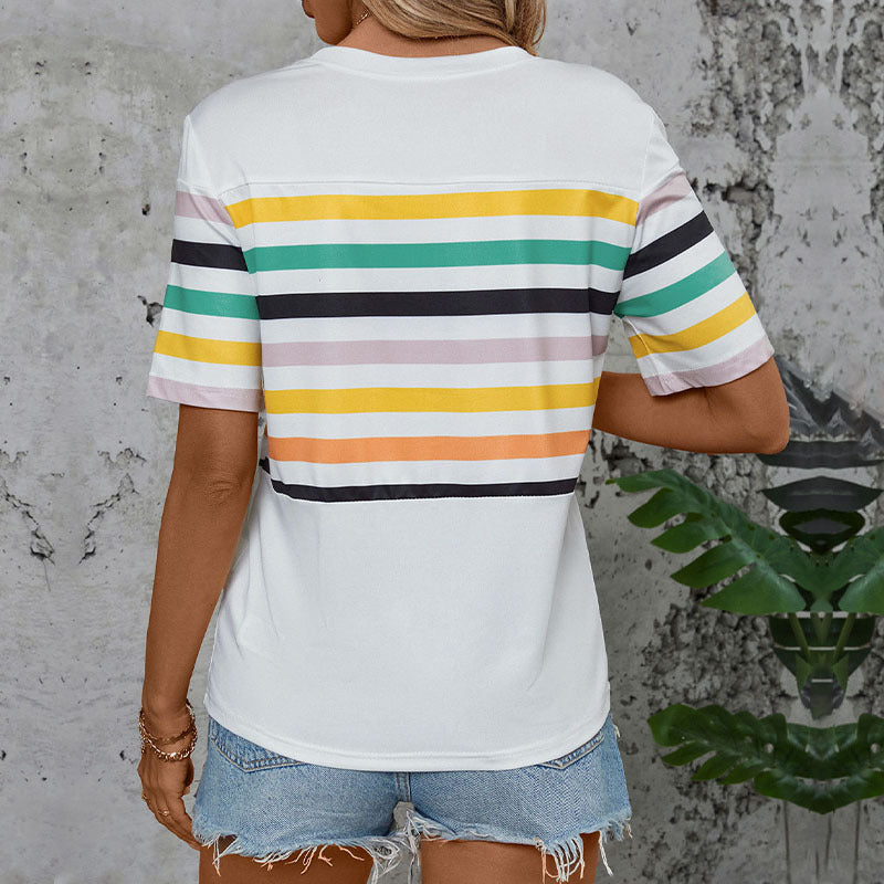 Damen T-Shirt Kurzarm Streifenmuster mit Brusttasche Bunt