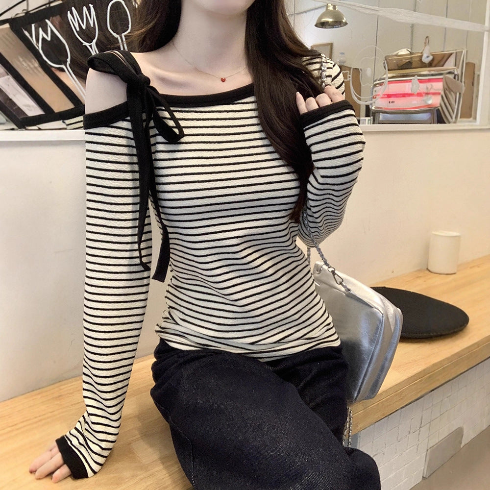 Damen Langarmshirt Off-Shoulder Bindedetails Weiß