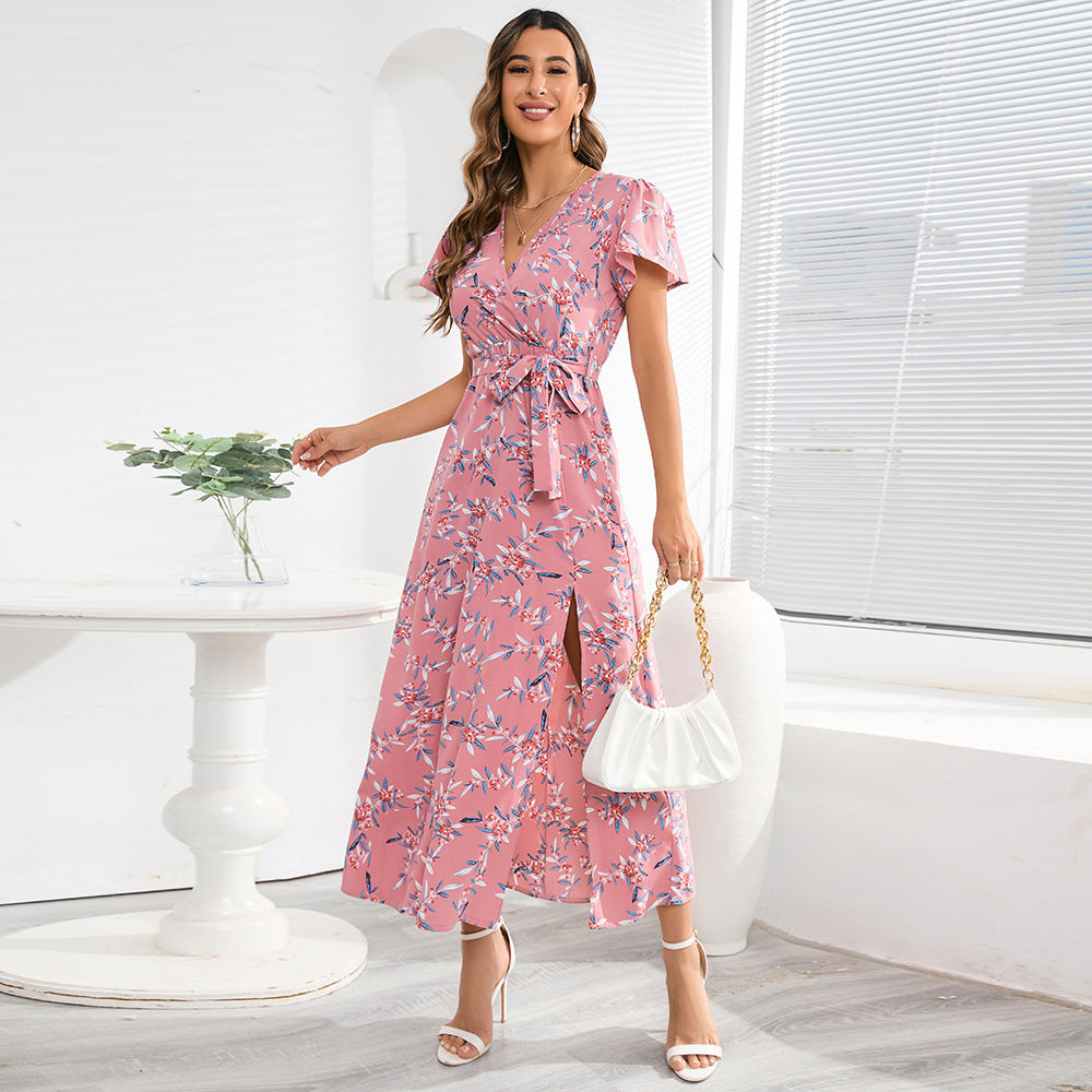 Damen Maxi-Kleid Floralmuster Taillengürtel