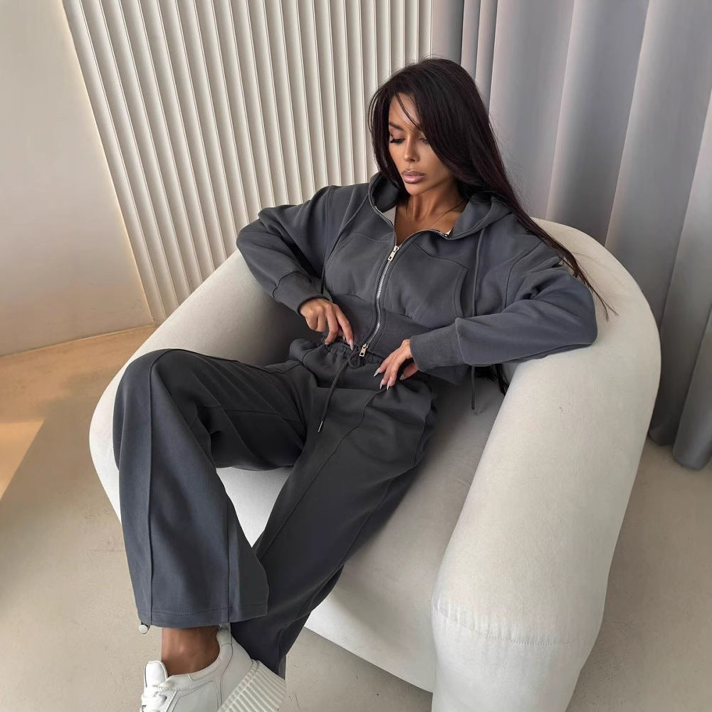 Damen Sportliches Zweiteiliges Set Cropped Hoodie Jogginghosen
