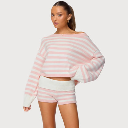 Damen Strickset Cropped mit Streifen Weite Passform