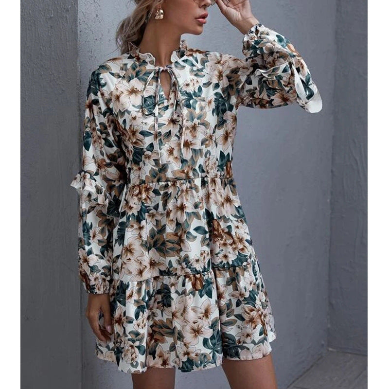 Damen Blumen-Midikleid Raffungen Ausschnitt Luftig