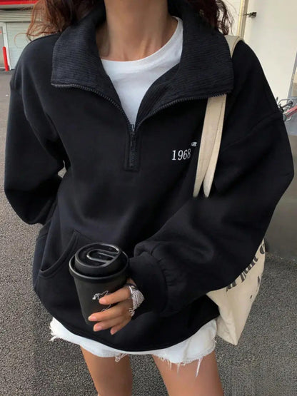 Damen Sportpullover Kapuzenpullover Halbzipp mit Taschen