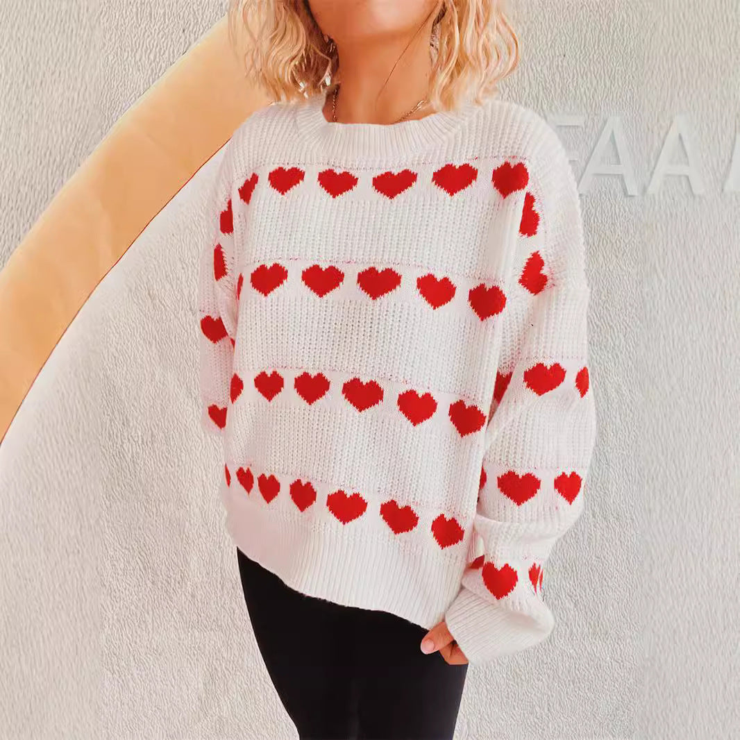 Damen Pullover Romantisches Herzmuster Kuschelfleece