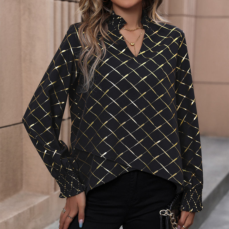 Damen Bluse Rautenmuster Hochkragen Elegantes Design