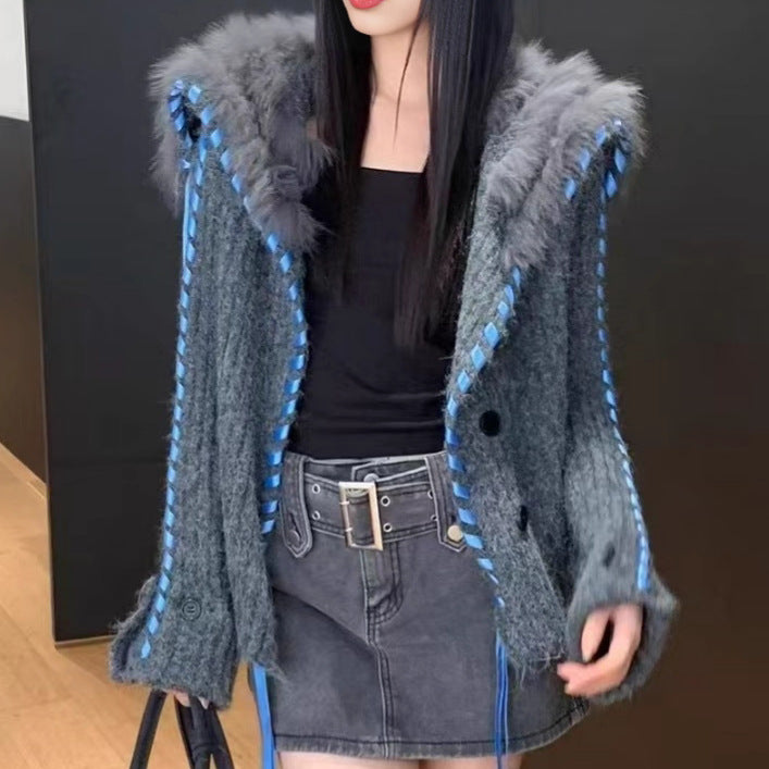 Damen Strickjacke mit Kapuze und Kunstfell - Eveloria