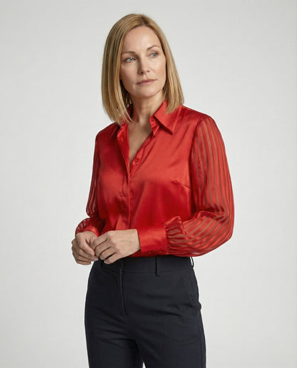 Damen Satinbluse Transparente Puffärmel - Eveloria