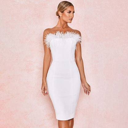 Damen Cocktailkleid Federn Ausschnitt Figurbetont Eveloria