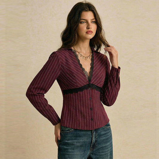 Damen Blusenshirt Spitzen- und Streifenmuster Eveloria - Eveloria