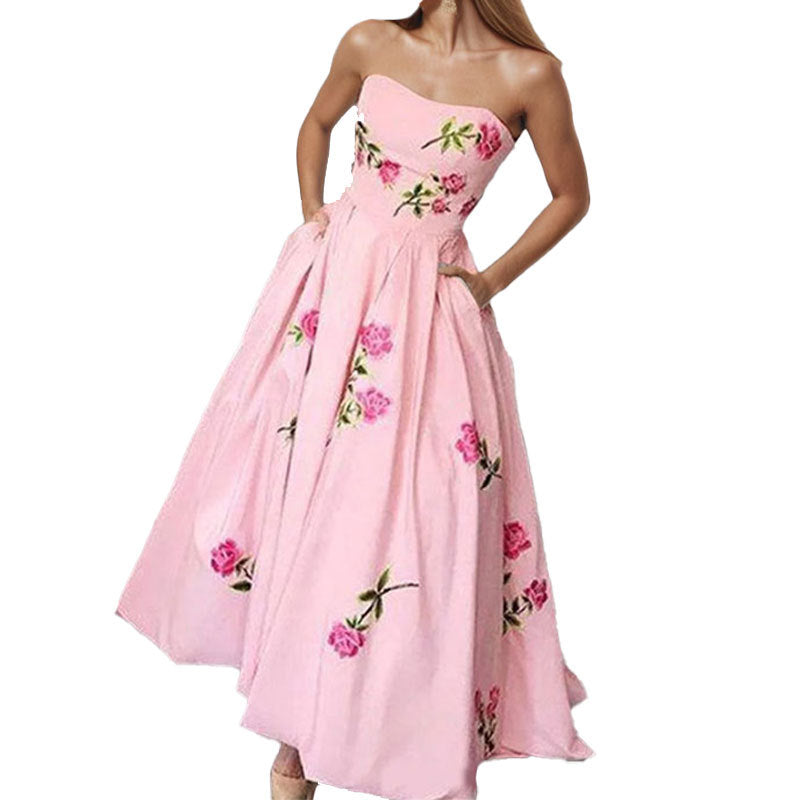 Damen Strapless Maxikleid Floralmuster Seitentaschen Eveloria