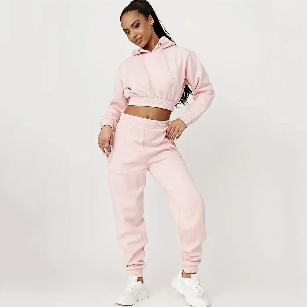 Damen Cropped Sweatanzug Elastisch Mit Kordelzug Beige