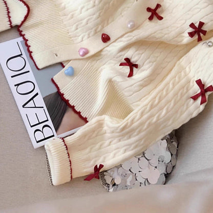 Damen Grobstrick Cardigan mit Knöpfen und Schleifen Beige