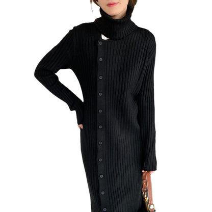 Damen Strickkleid Weiter Rollkragen Durchgehende Knopfleiste